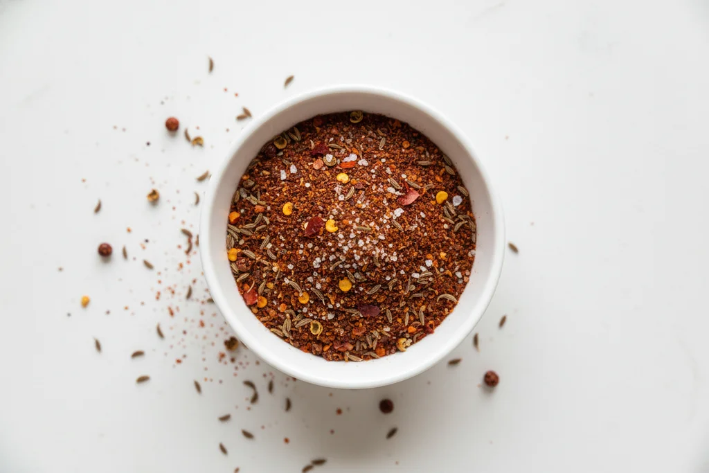 Freshly ground Chongqing spice mix with Sichuan peppercorns, cumin and cayenne in a white bowl alongside whole spices