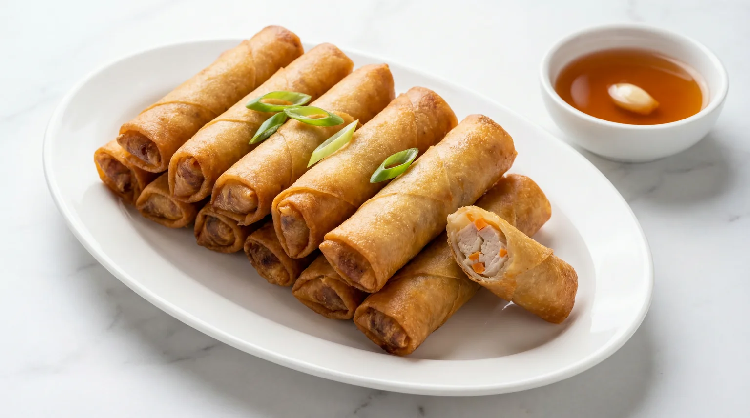 Plate of crispy golden Filipino lumpiang Shanghai spring rolls on a white oval platter with one roll sliced open to reveal the pork and carrot filling, served with a small bowl of amber sweet-sour dipping sauce and garnished with green onion slices