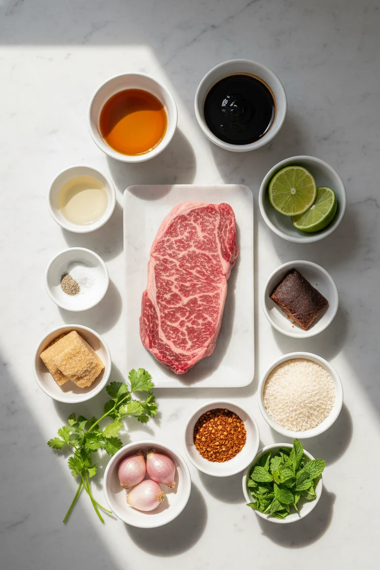 All ingredients for Thai crying tiger beef and nam jim jaew dipping sauce laid out on a marble surface