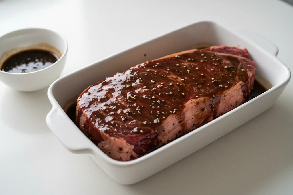Raw flank steak marinating in fish sauce and oyster sauce in a shallow white ceramic dish