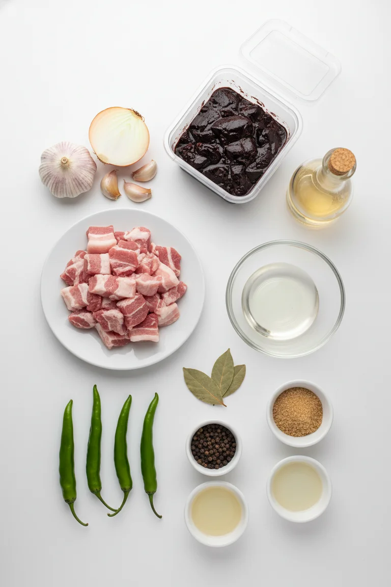 Overhead flat lay of all dinuguan ingredients on a clean white surface including raw pork belly, pork blood, garlic, green chilies, onion, vinegar, bay leaves, and peppercorns