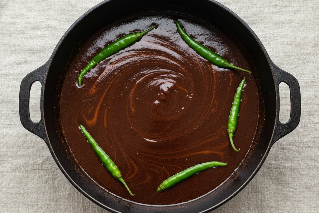 Overhead view inside a plain cast iron pot showing pork blood being stirred into dinuguan broth, sauce swirling from amber to deep mahogany brown with four green chilies floating on top