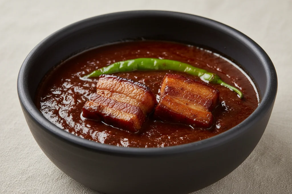 Close-up of glossy dark dinuguan sauce in a matte black clay bowl with two caramelised pork belly cubes and a green chili showing the stew's rich chocolate-brown colour