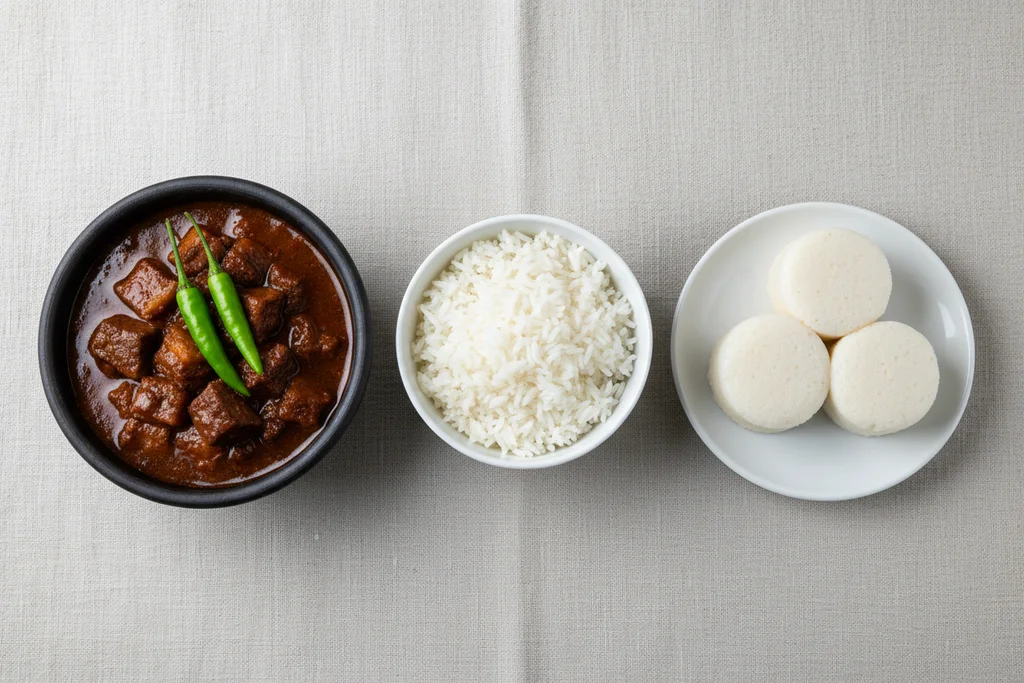 Overhead shot of Filipino dinuguan in a dark clay bowl served alongside a bowl of steamed white rice and a plate of three flat white puto rice cakes on a linen surface