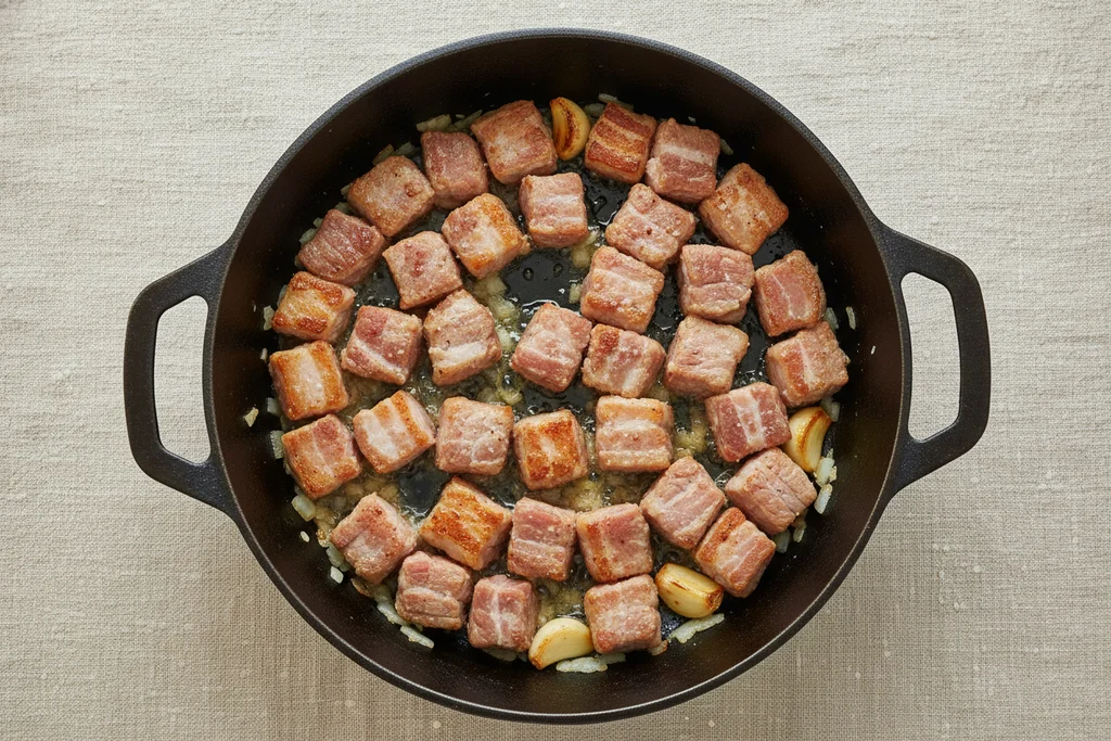 Overhead view of pork belly cubes browning in a dark cast iron Dutch oven with rendered fat, sautéed onion, and golden garlic