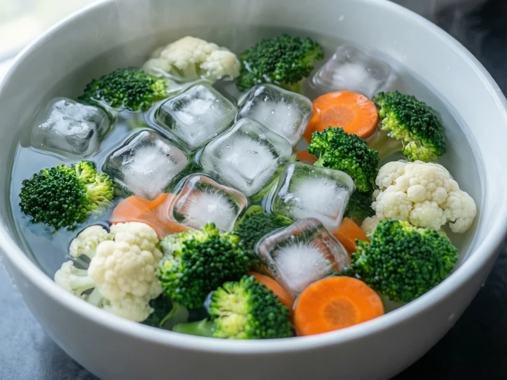 Broccoli, cauliflower, and carrots submerged in a crystal-clear ice bath inside a white ceramic bowl — blanching technique for Filipino Chopsuey