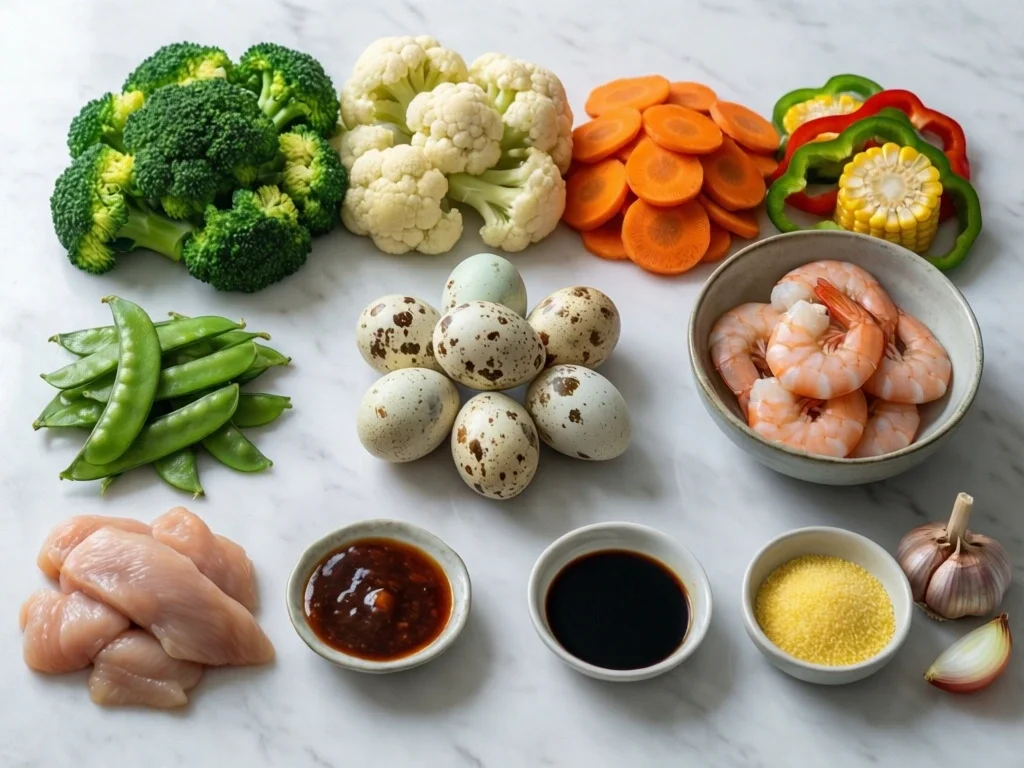 All Filipino Chopsuey ingredients laid out flat — raw chicken, quail eggs, broccoli, cauliflower, carrots, bell peppers, snow peas, young corn, oyster sauce, and garlic on white marble
