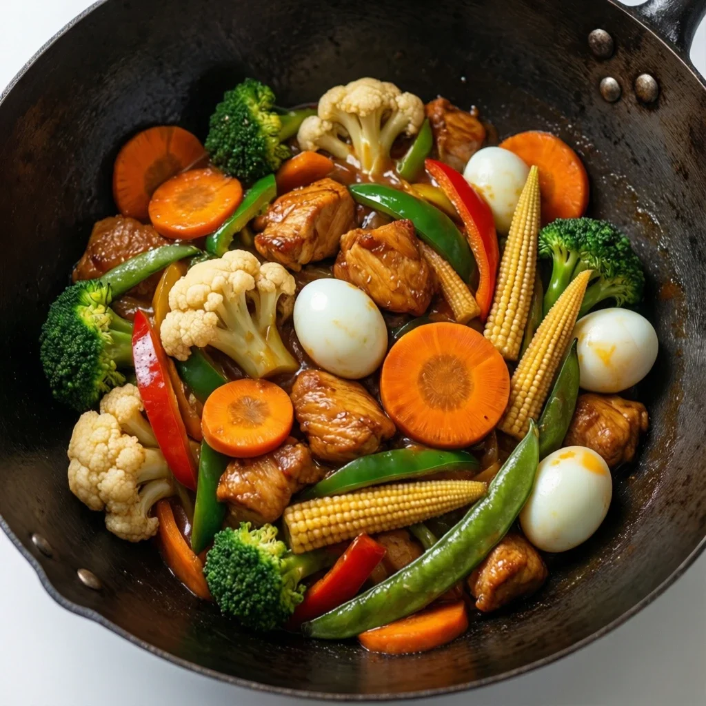 Filipino Chopsuey vegetables and chicken coated in thick glossy oyster-soy sauce inside a seasoned carbon steel wok