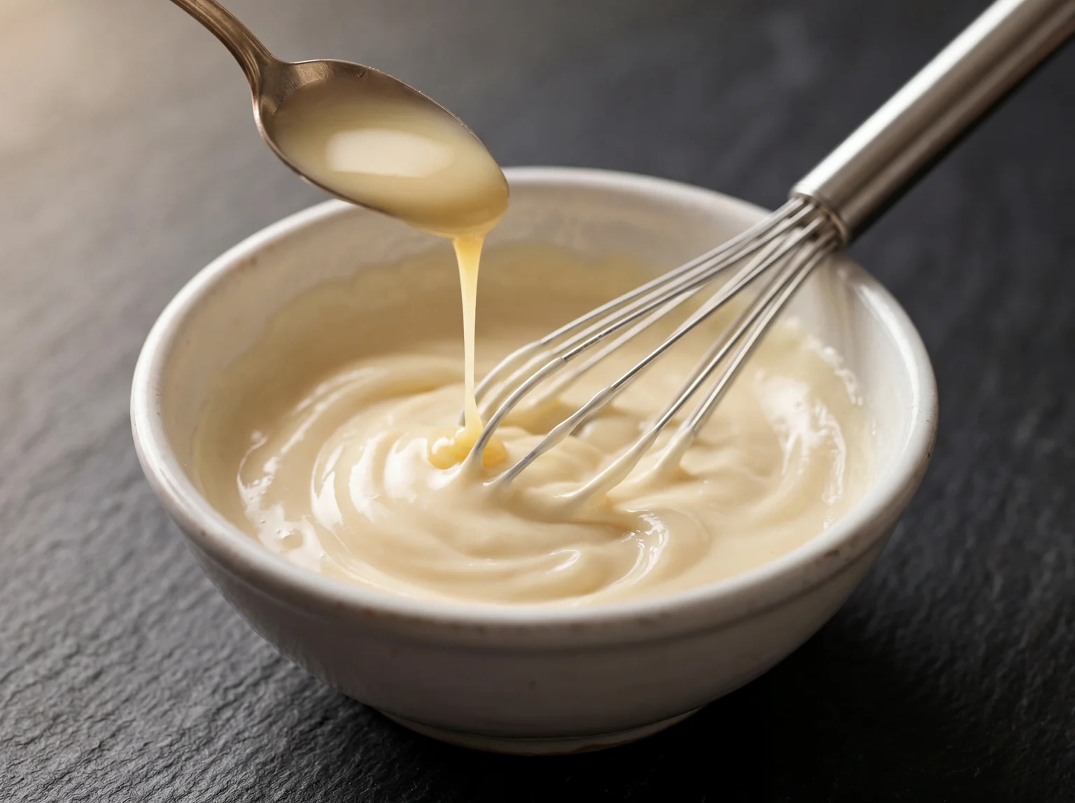 Making the creamy condensed milk and mayonnaise dressing for Filipino macaroni salad