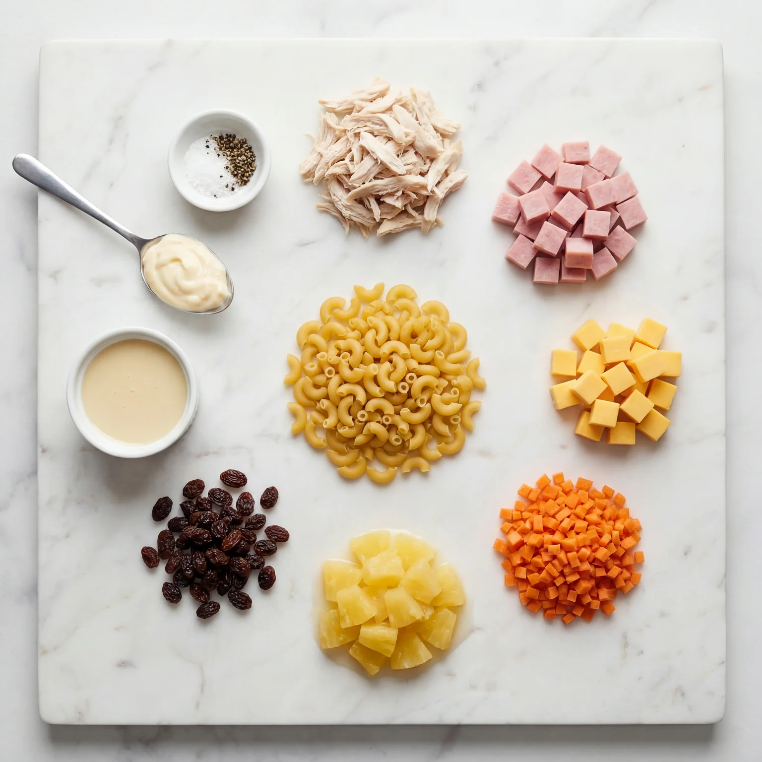 Ingredients for Filipino macaroni salad including chicken ham pineapple tidbits raisins cheese and condensed milk