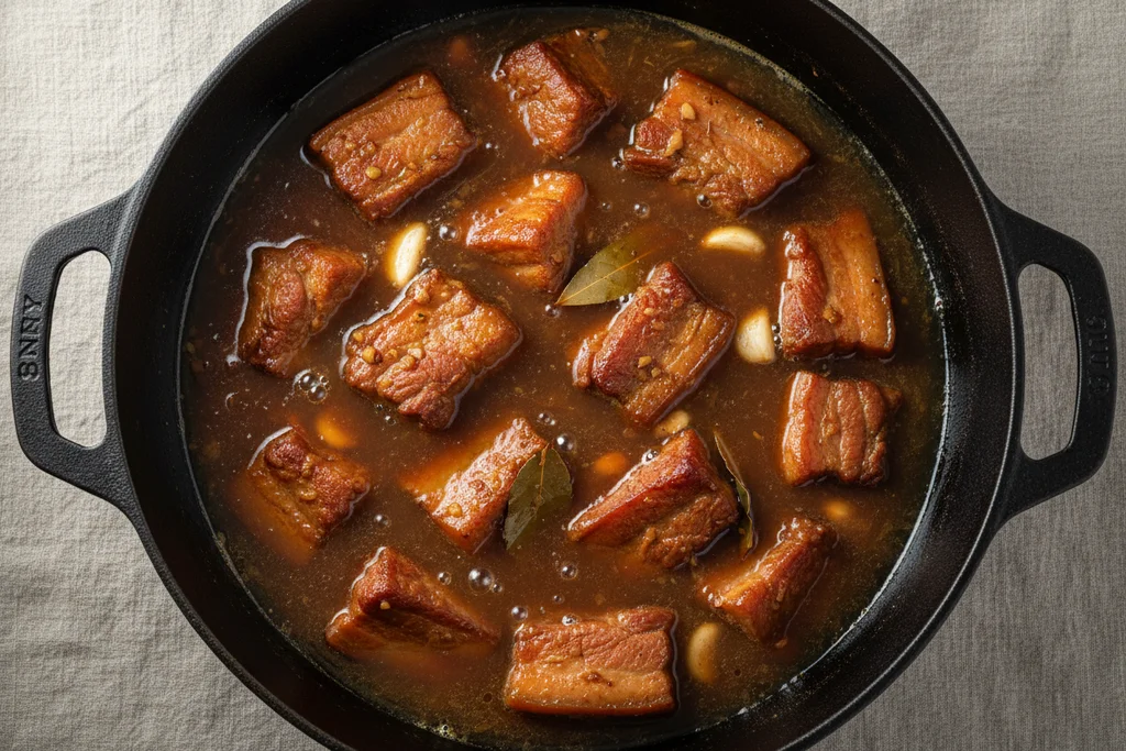 Pork belly braising in adobo sauce with garlic and bay leaves in a Dutch oven