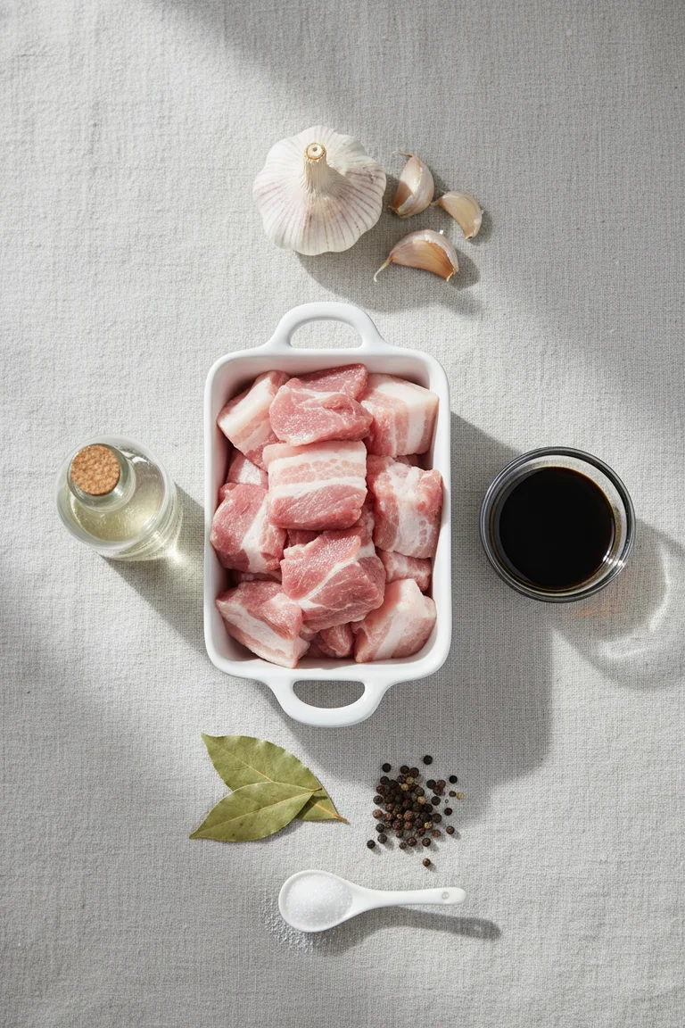 Ingredients for Filipino pork adobo including pork belly, cane vinegar, soy sauce, garlic, bay leaves and peppercorns