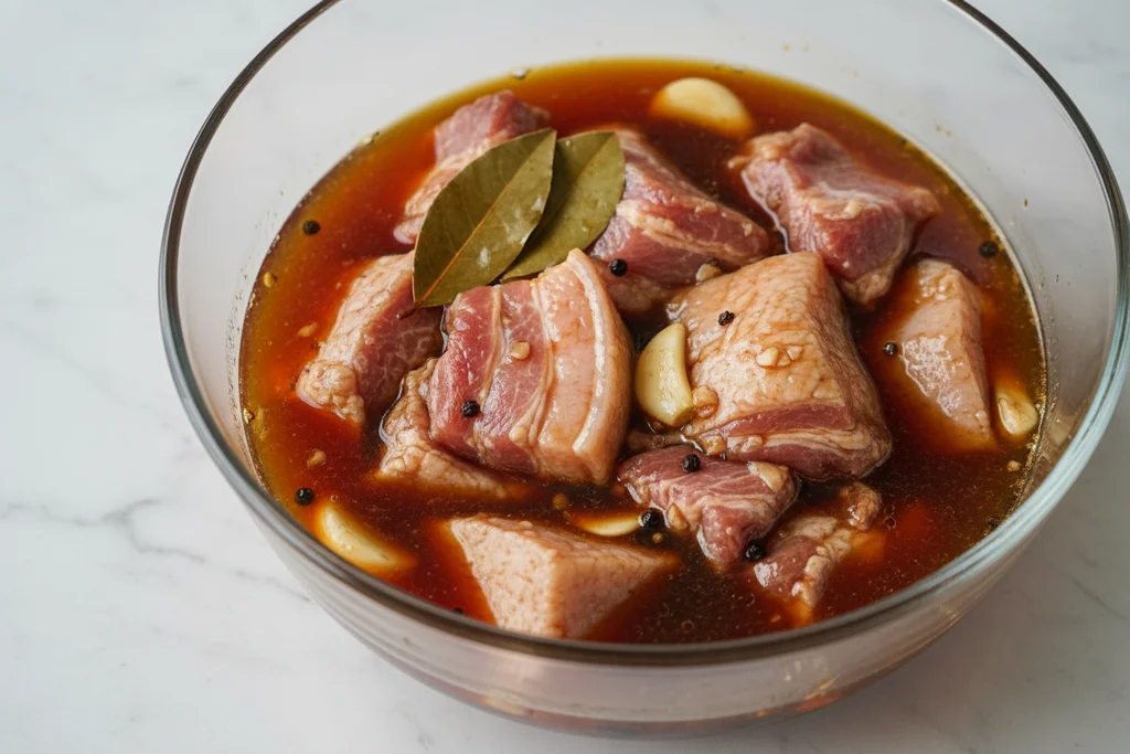 Pork belly pieces marinating in dark soy sauce and vinegar for Filipino pork adobo recipe