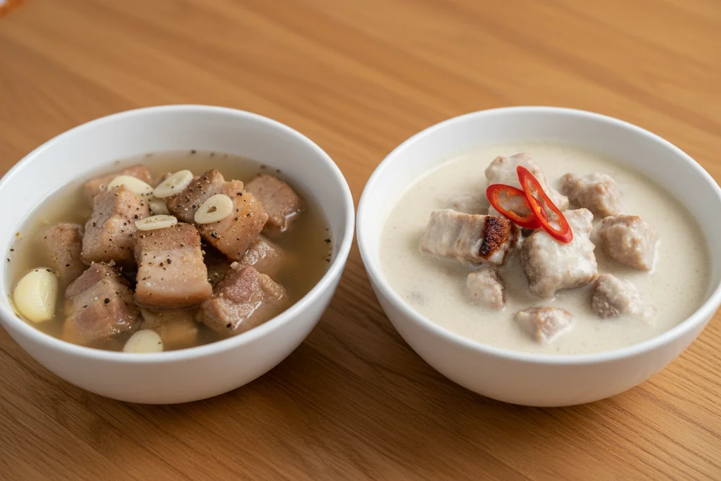 Filipino pork adobo regional variations showing adobong puti white adobo and adobo sa gata coconut milk adobo side by side
