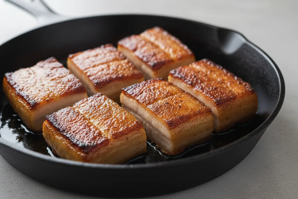 Pork belly pieces searing to a golden caramelized crust in cast iron skillet for Filipino pork adobo
