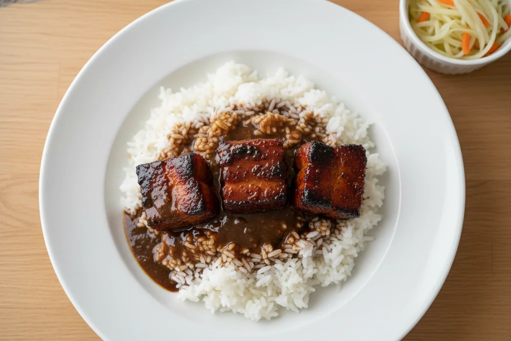 Filipino pork adobo served over steamed jasmine rice with rich dark glossy sauce and pickled green papaya atchara on the side