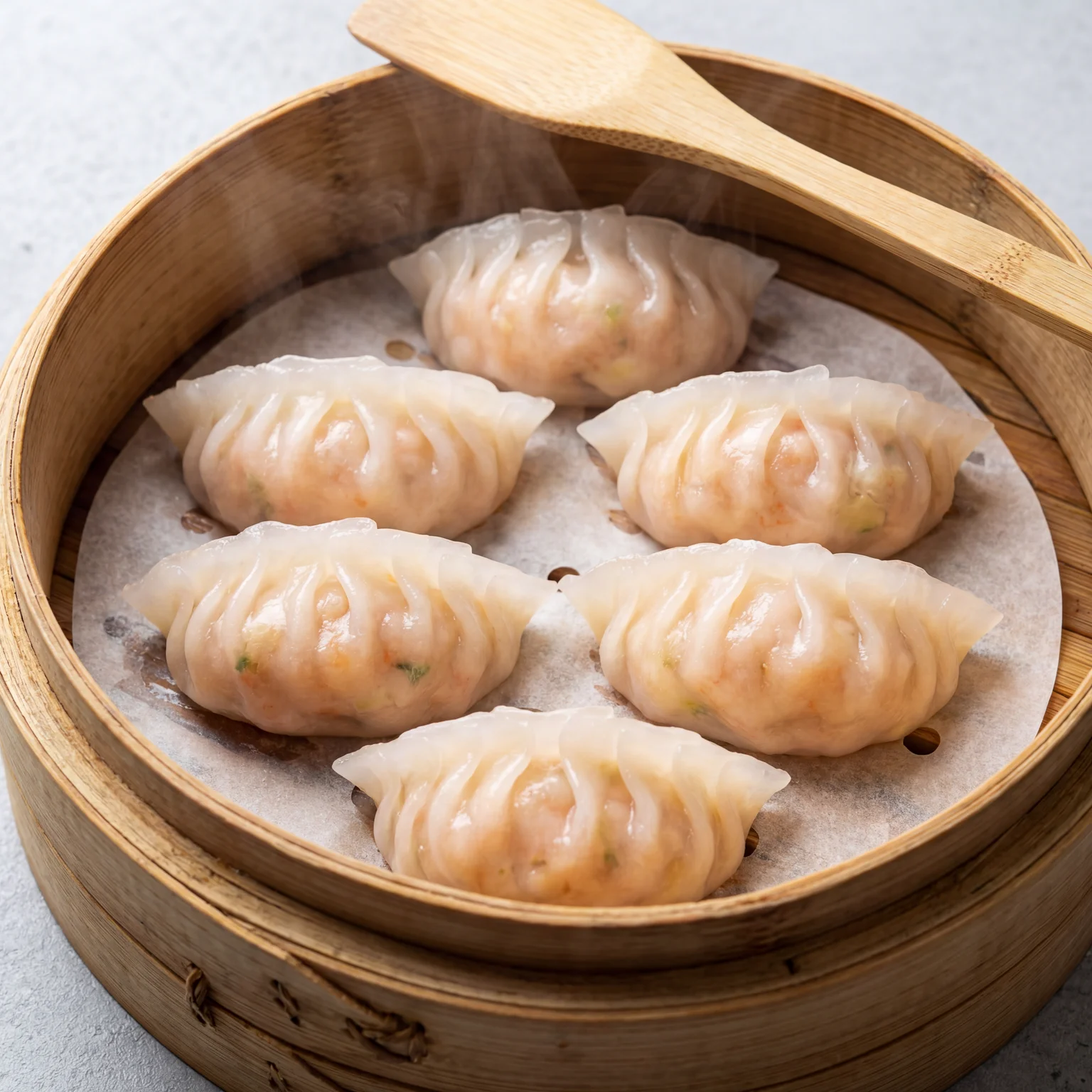 Six freshly steamed har gow dumplings with translucent pleated wrappers and pink prawn filling in a bamboo steamer