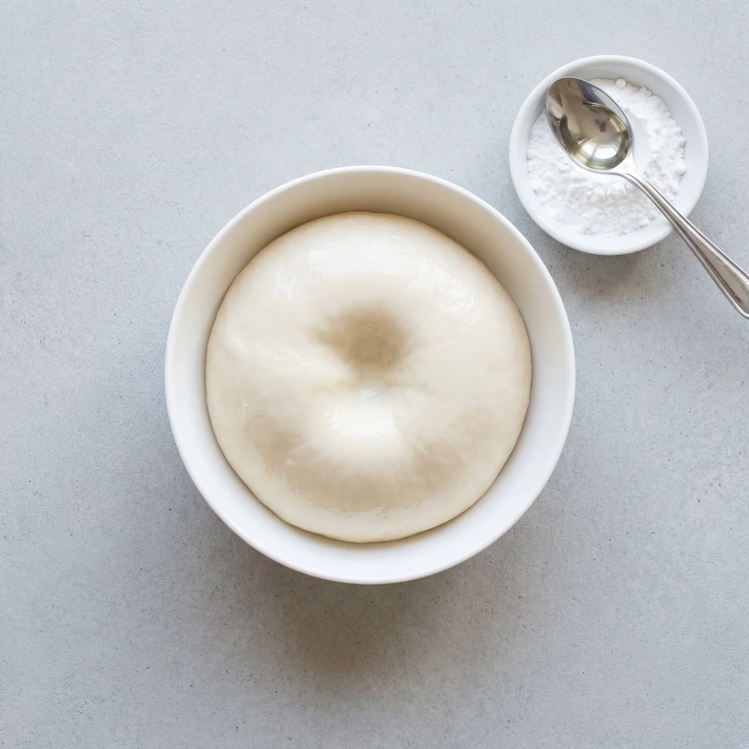 Smooth warm wheat starch dough ball in a white ceramic bowl ready for shaping har gow wrappers