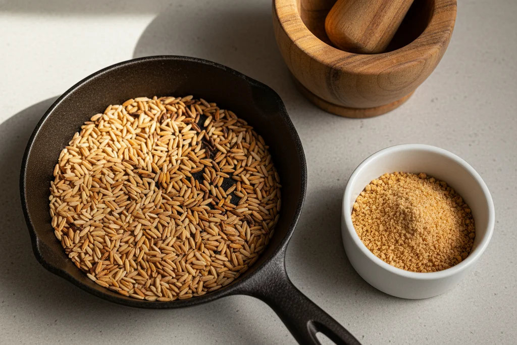 Toasted rice powder (khao kua) being made in a cast iron skillet with finished powder in a white ramekin beside it