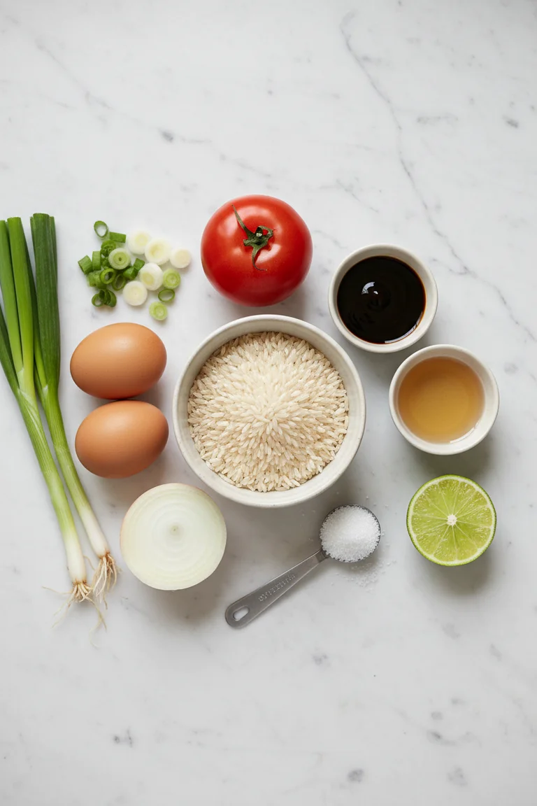 All Thai fried rice ingredients laid flat on white marble: jasmine rice, fish sauce, oyster sauce, eggs, garlic, onion, tomato, lime, green onions, and sugar