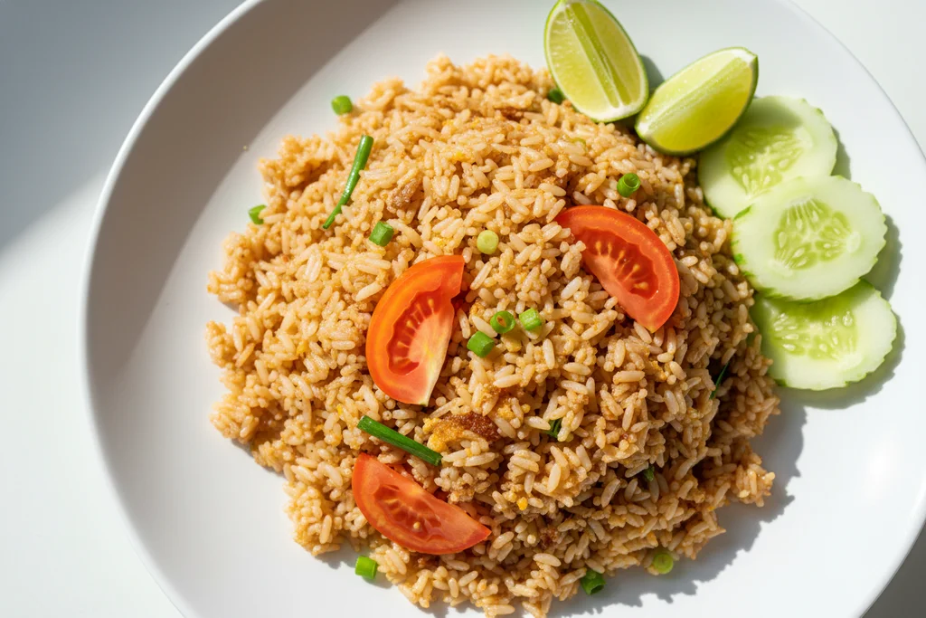 Overhead shot of Thai fried rice (Khao Pad) on a white ceramic plate with lime wedges and cucumber slices
