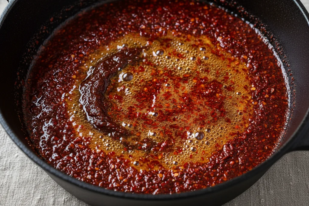 Gochugaru and gochujang blooming in sesame oil, turning deep brick red in a cast iron pan
