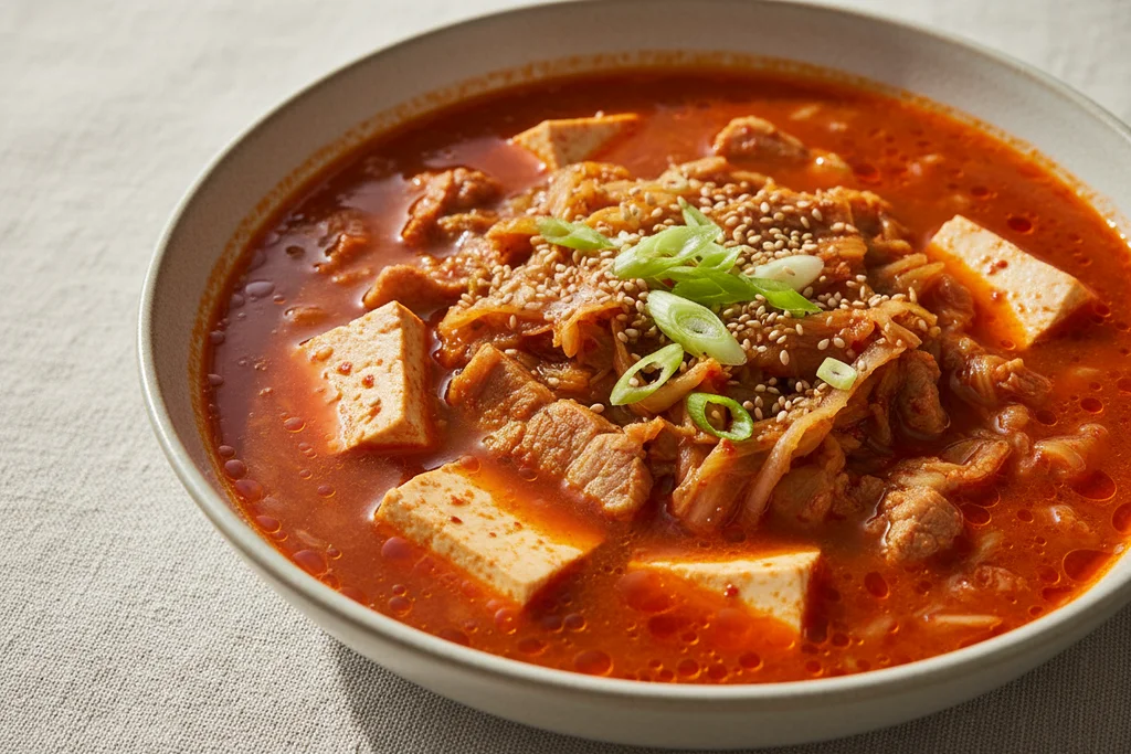 Close-up of finished kimchi-jjigae in a wide bowl showing silken tofu, pork belly, red broth and scallion garnish