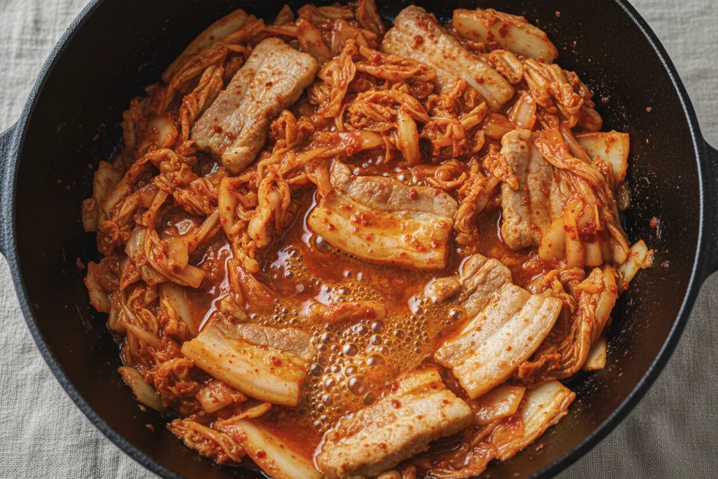 Chopped kimchi and pork belly frying together in spiced sesame oil, kimchi turning glossy and translucent