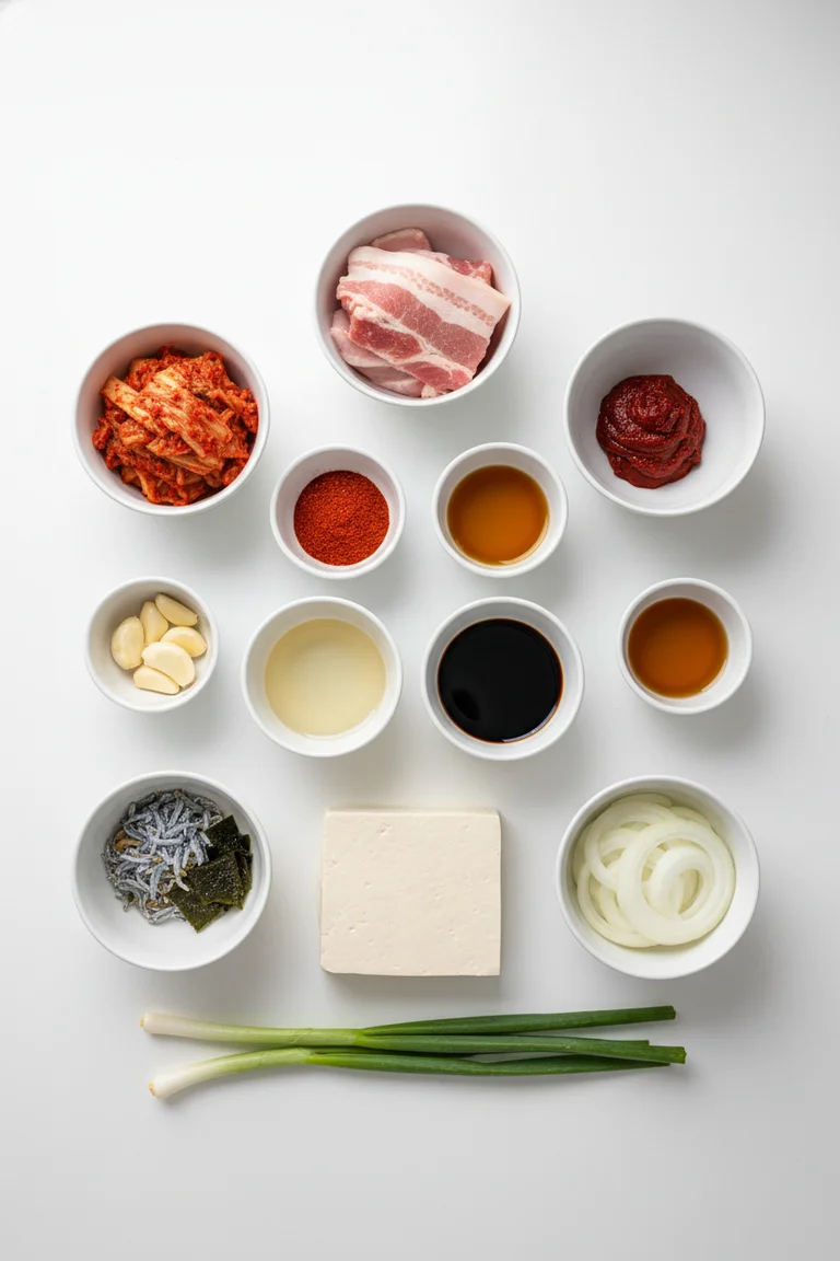 All kimchi-jjigae ingredients laid out — kimchi, pork belly, silken tofu, gochugaru, gochujang, sesame oil, anchovies and kelp