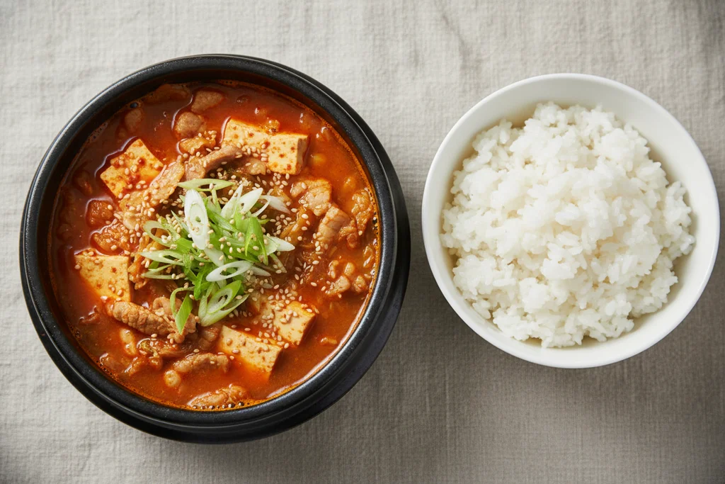 Kimchi-jjigae served in a Korean stone pot with silken tofu, pork belly, scallions and sesame seeds alongside steamed white rice Placement: Hero image — directly below the post title, above the jump links