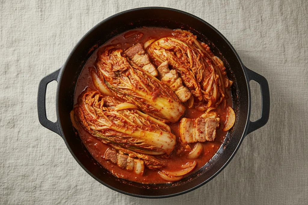 Kimchi jjim mid-braise in a black cast iron pot — whole kimchi leaves and pork belly chunks in a thick glossy brick-red sauce, beginning to collapse and concentrate
