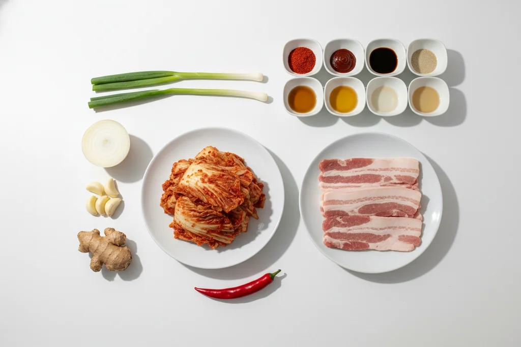 All kimchi jjim ingredients overhead — aged kimchi and pork belly on white plates, surrounded by gochugaru, gochujang, garlic, ginger, soy sauce, fish sauce, and green onion
