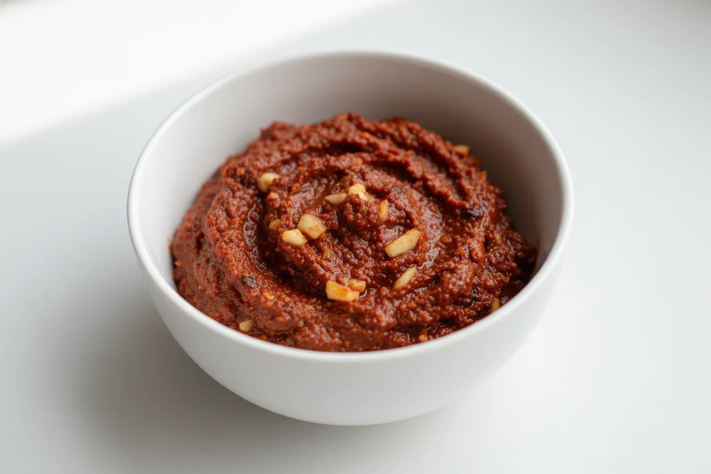 Close-up of kimchi jjim braising sauce paste — gochugaru, gochujang, garlic and ginger mixed into a thick deep-red paste in a white ceramic bowl