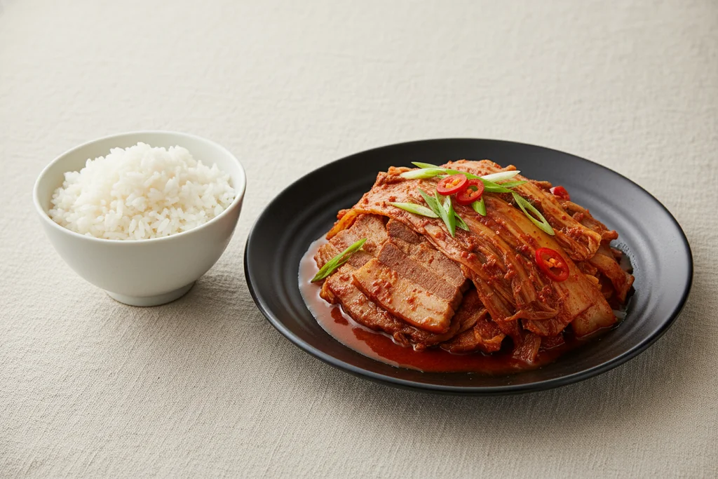 Kimchi jjim served alongside steamed white rice — fully braised silky kimchi and pork belly in a thick red sauce on a black plate, garnished with green onion and red chili