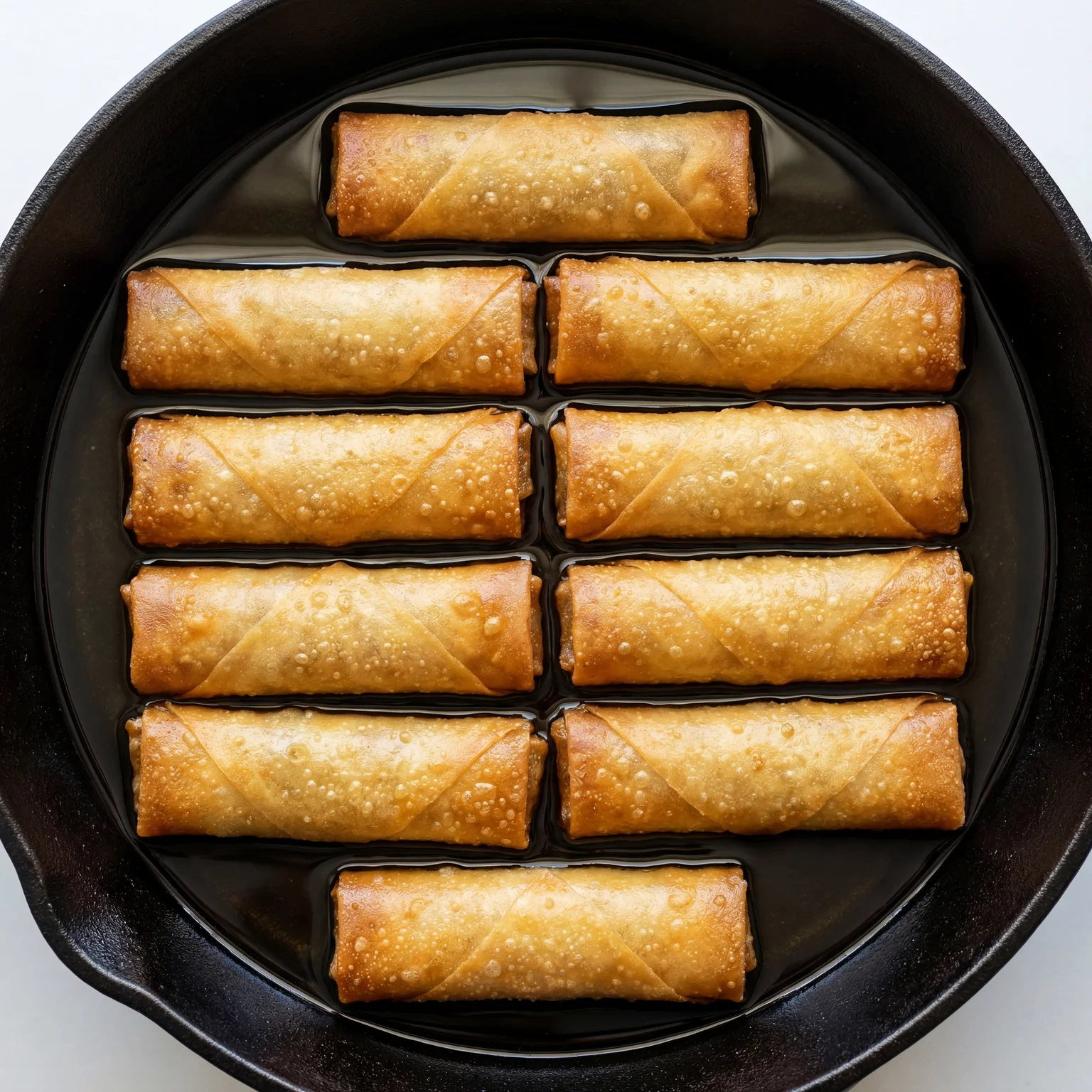 Overhead bird's-eye view of eight golden-brown Filipino lumpia spring rolls frying in clear oil inside a black cast-iron skillet, each roll with a visibly crisped and blistered wrapper, pan filling the entire frame