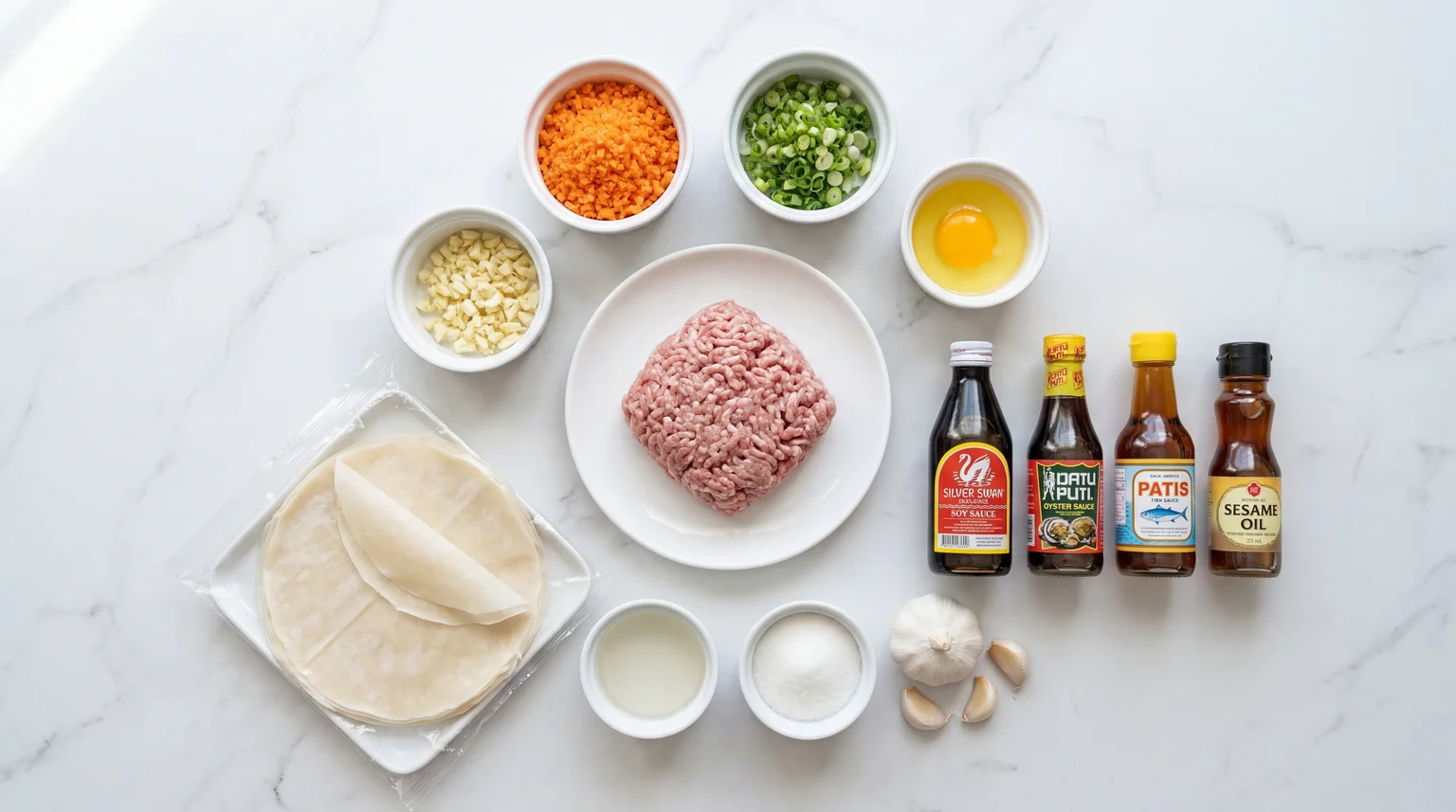 All fresh Filipino lumpia ingredients arranged overhead on white marble — ground pork, minced carrots, green onions, garlic, lumpia wrappers, soy sauce, fish sauce, oyster sauce, and dipping sauce components