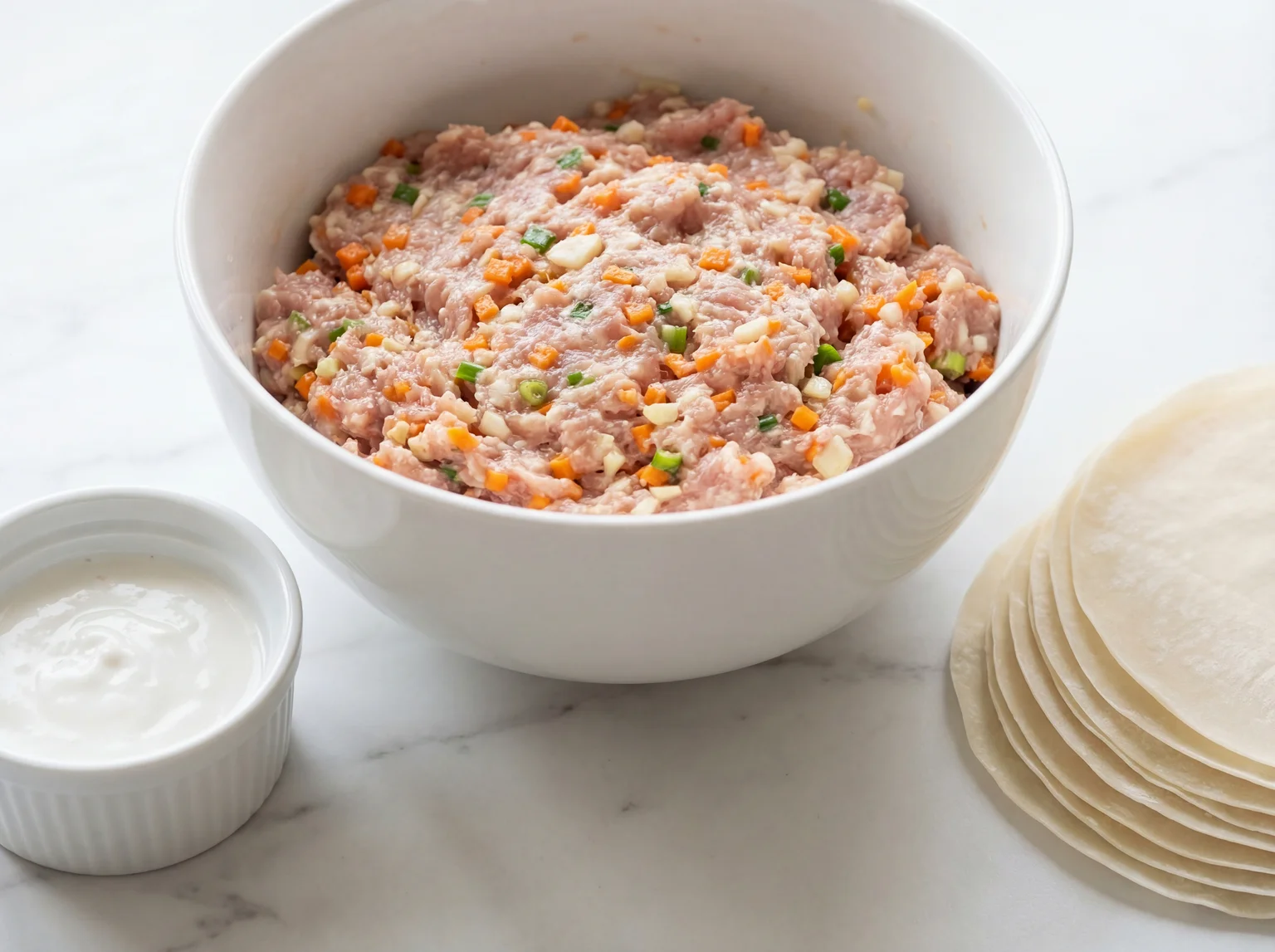 Mixed Filipino lumpia pork filling in a white ceramic bowl showing ground pork, minced carrots, green onions, and garlic, beside a stack of thin lumpia wrappers and a bowl of sealing paste on white marble