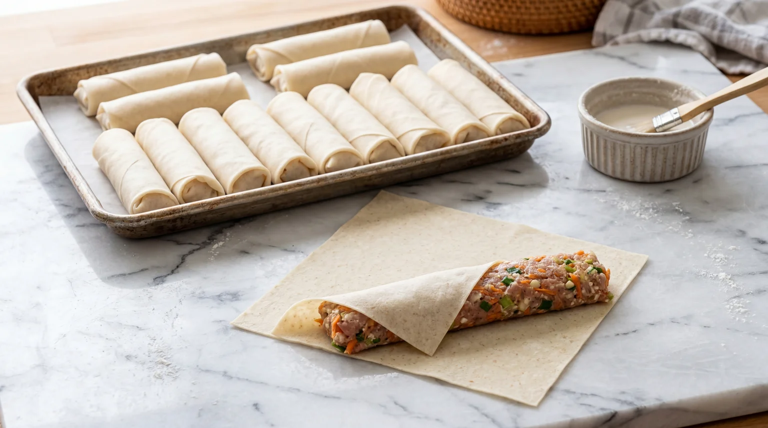 Filipino lumpia rolling station on white marble showing one open wrapper with pork filling ready to fold, a tray of 12 tightly rolled uncooked lumpia cylinders, and a small bowl of flour sealing paste