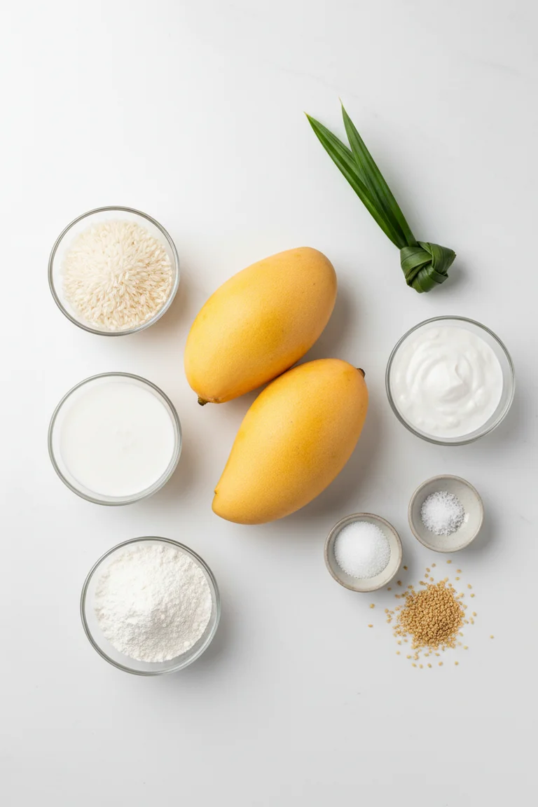 at lay of all mango sticky rice ingredients on a white surface including glutinous rice, coconut milk, coconut cream, fresh mangoes, pandan leaf, sugar, salt, and sesame seeds
