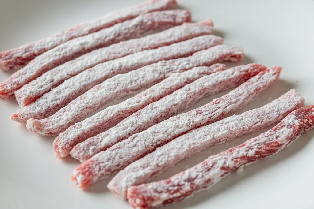 Flank steak strips coated in cornstarch on a plate before cooking Mongolian beef
