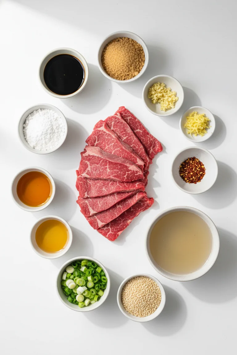 All ingredients for Mongolian beef recipe laid out including flank steak, soy sauce, brown sugar, garlic, and ginger