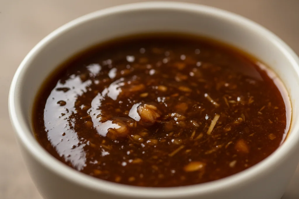 Mongolian beef sauce made with soy sauce, brown sugar, garlic and ginger in a measuring cup