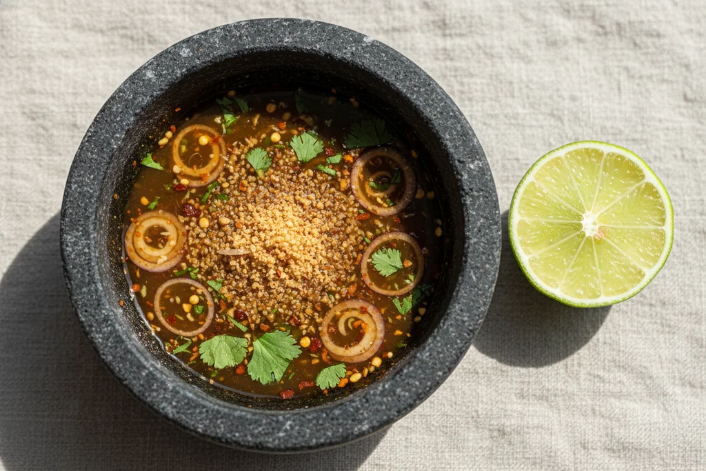Nam jim jaew Thai dipping sauce in a dark stone bowl with toasted rice powder, shallots, cilantro, and a halved lime