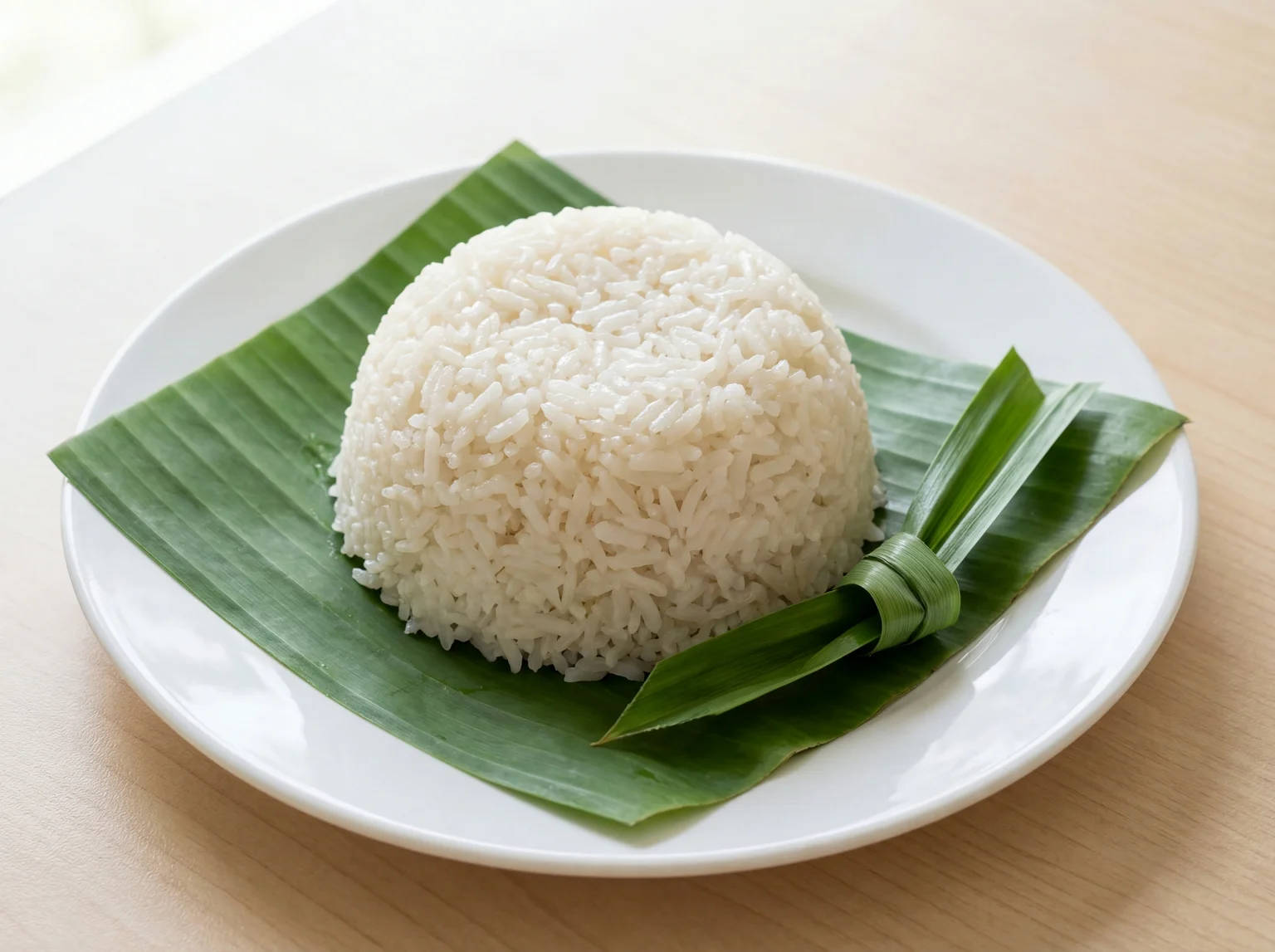 Perfectly moulded dome of fluffy coconut rice on a fresh green banana leaf with knotted pandan leaves