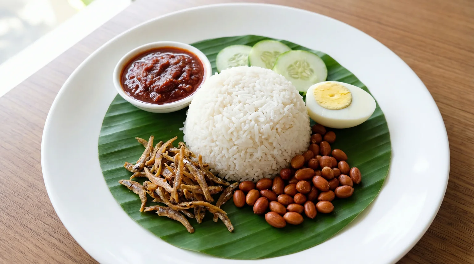 Traditional Nasi Lemak with Sambal served on banana leaf with coconut rice, crispy ikan bilis, roasted peanuts, cucumber and hard-boiled egg