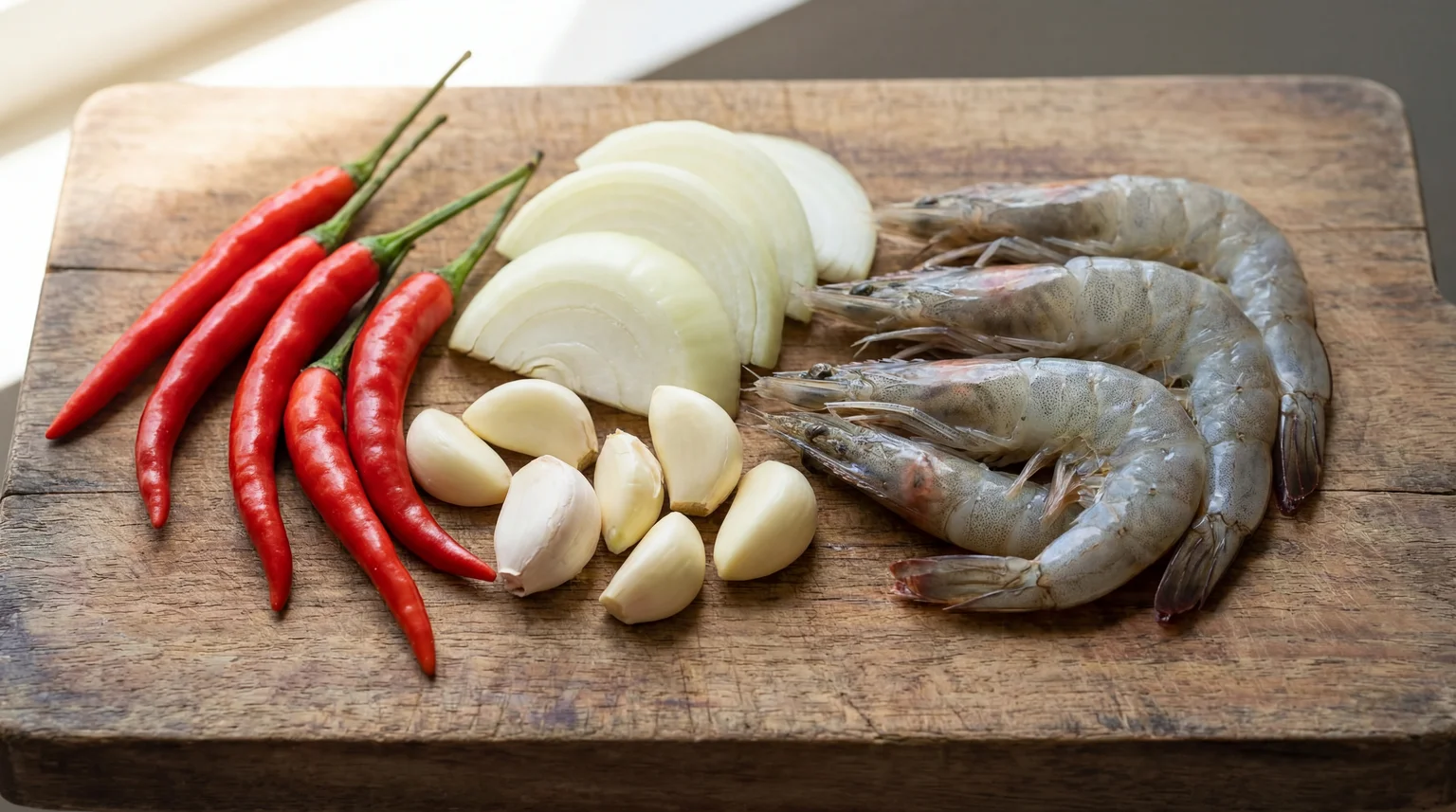 All ingredients for traditional Nasi Lemak with Sambal laid out on white marble — pandan leaves, coconut milk, dried red chilies, belacan, ikan bilis, shallots, garlic and tamarind
