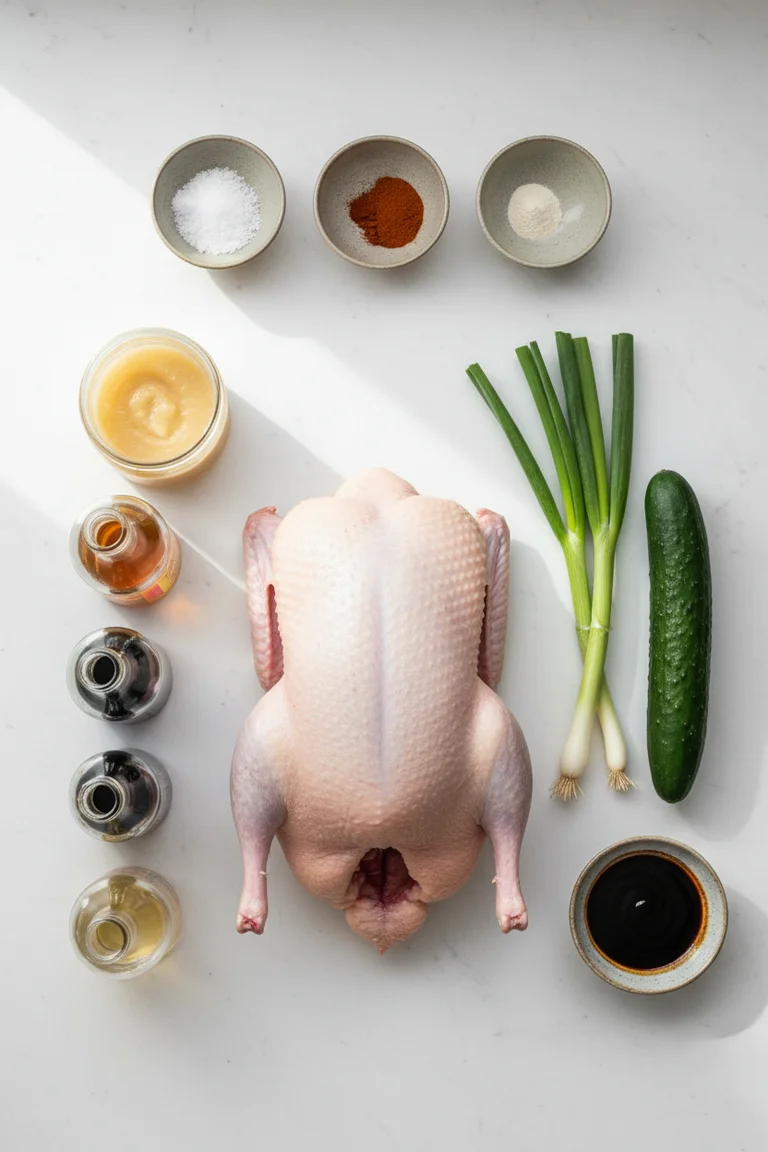 Top-down flat lay of all Peking duck ingredients on a clean white stone surface including whole raw duck, maltose, five-spice, baking powder, soy sauce, Shaoxing wine, vinegars, scallions, cucumber and hoisin sauce