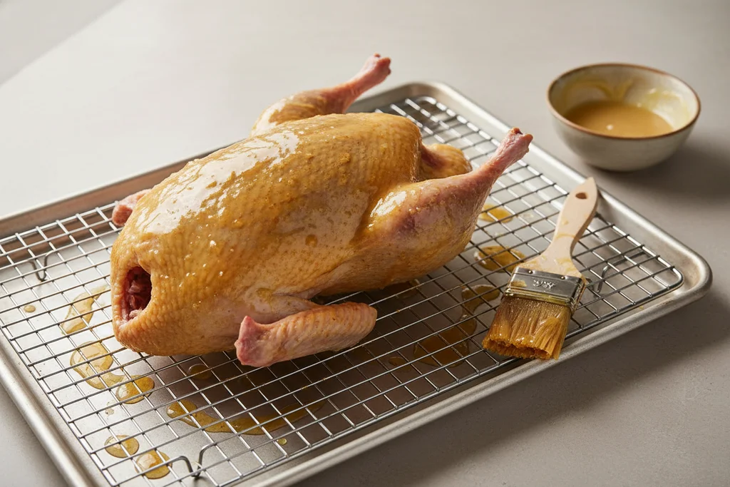 Raw duck on a wire rack freshly brushed with amber maltose glaze, used pastry brush with glaze-loaded bristles resting alongside