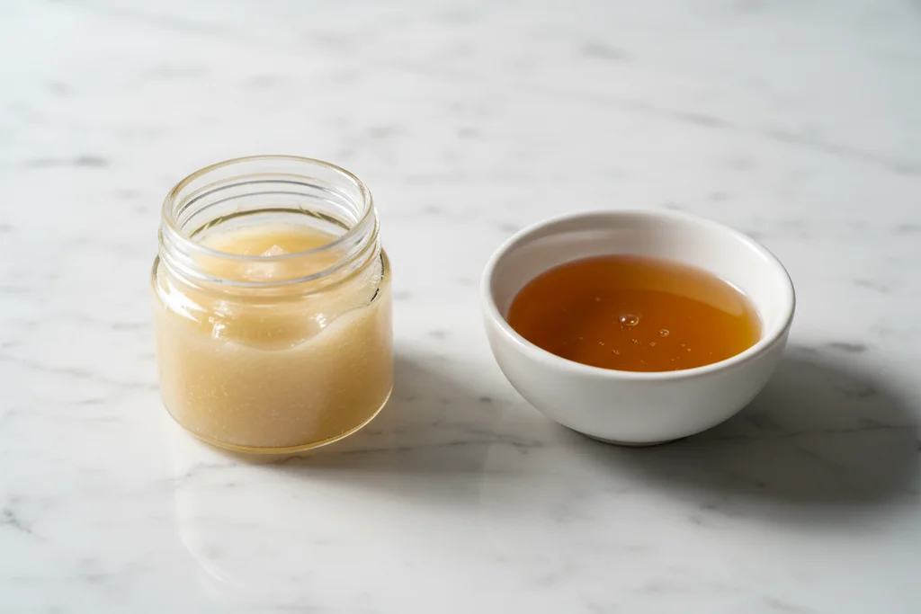 Side by side comparison of pale gold thick maltose in a glass jar and deep amber honey-corn syrup substitute in a white ceramic bowl on matte white marble