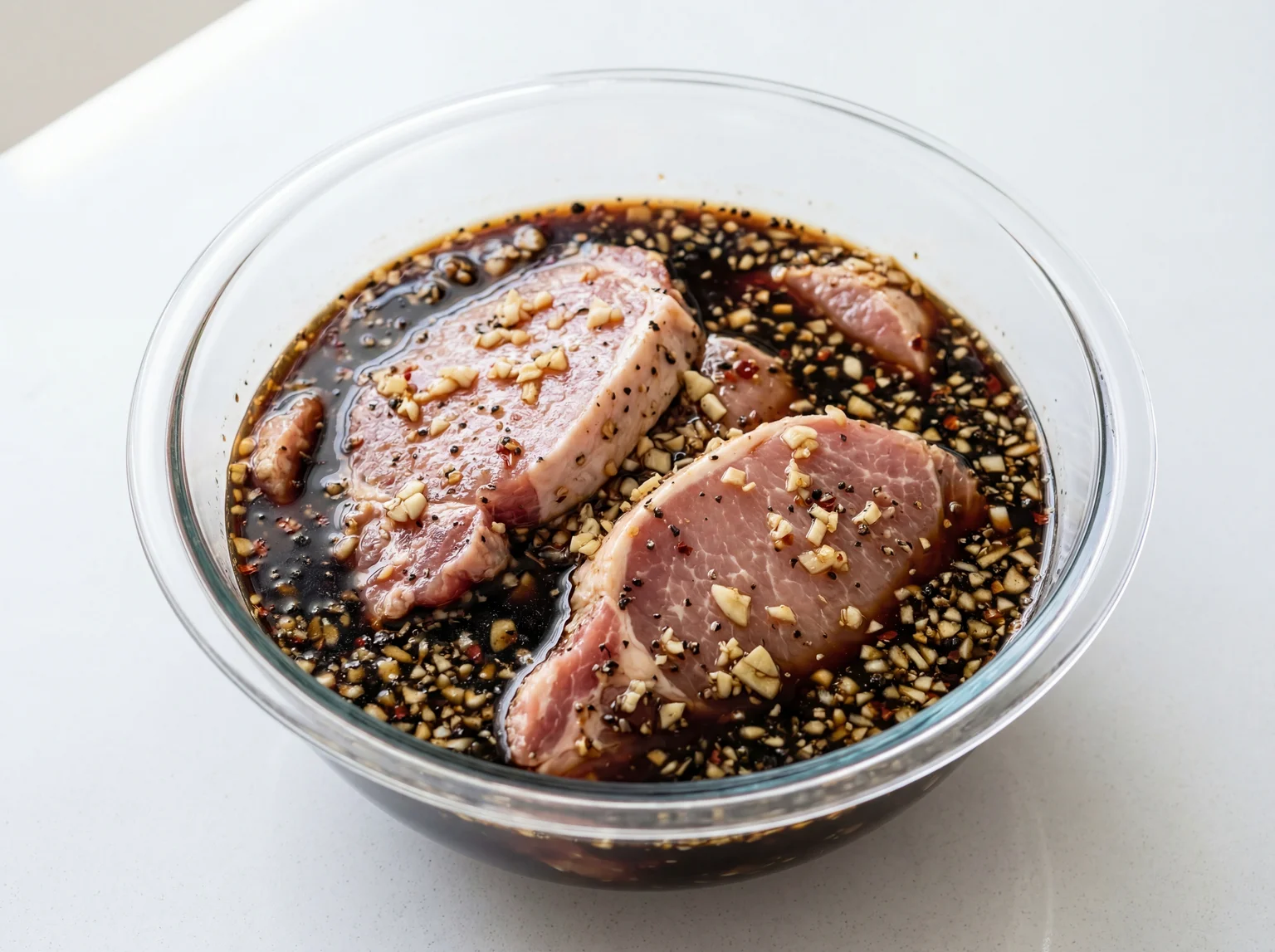 Raw pork chop slices marinating in dark soy sauce and calamansi mixture in a glass bowl